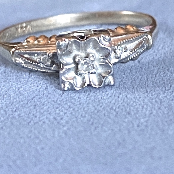 14k Yellow & White Gold Vintage 1940’s 1/8k Diamond Engagement Ring